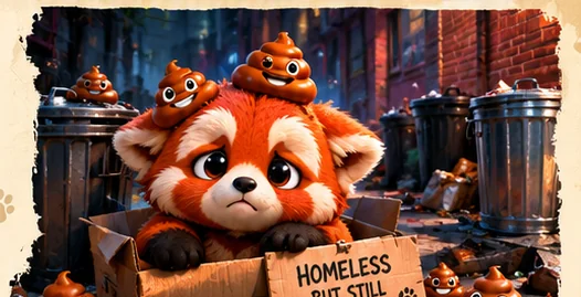Poop Panda in a cardboard box in a funny urban scene